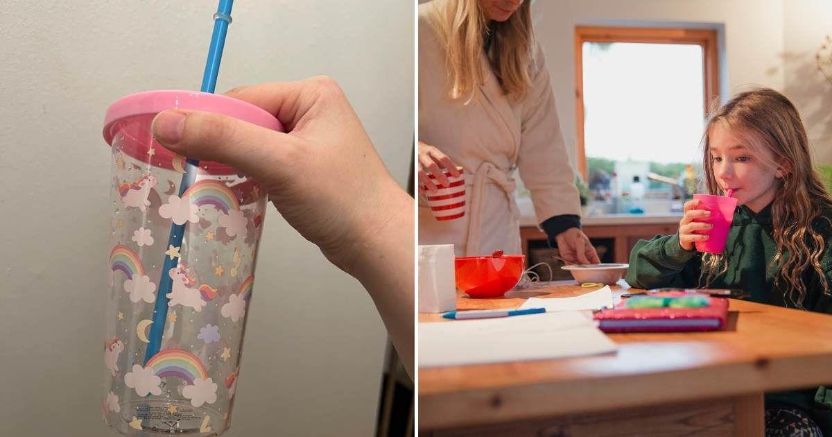 (L) A plastic unicorn cup that a 4-year-old girl received as a gift. (Cover Image Source: Reddit | u/hotcoffeethanks) | (R) A mother cleans up as daughter drinks from a plastic cup. (Representative Cover Image Source: Getty Images | DGLImages)