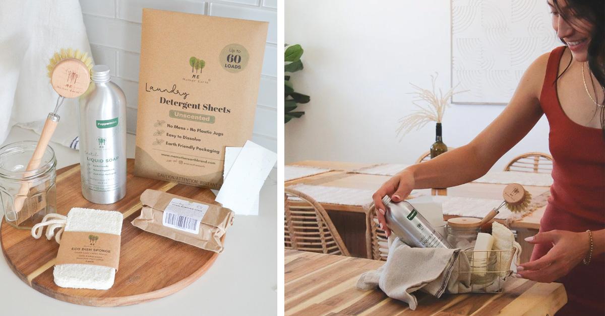 zero waste laundry products including soaps, detergent sheets, and stain stick. Woman in laundry room