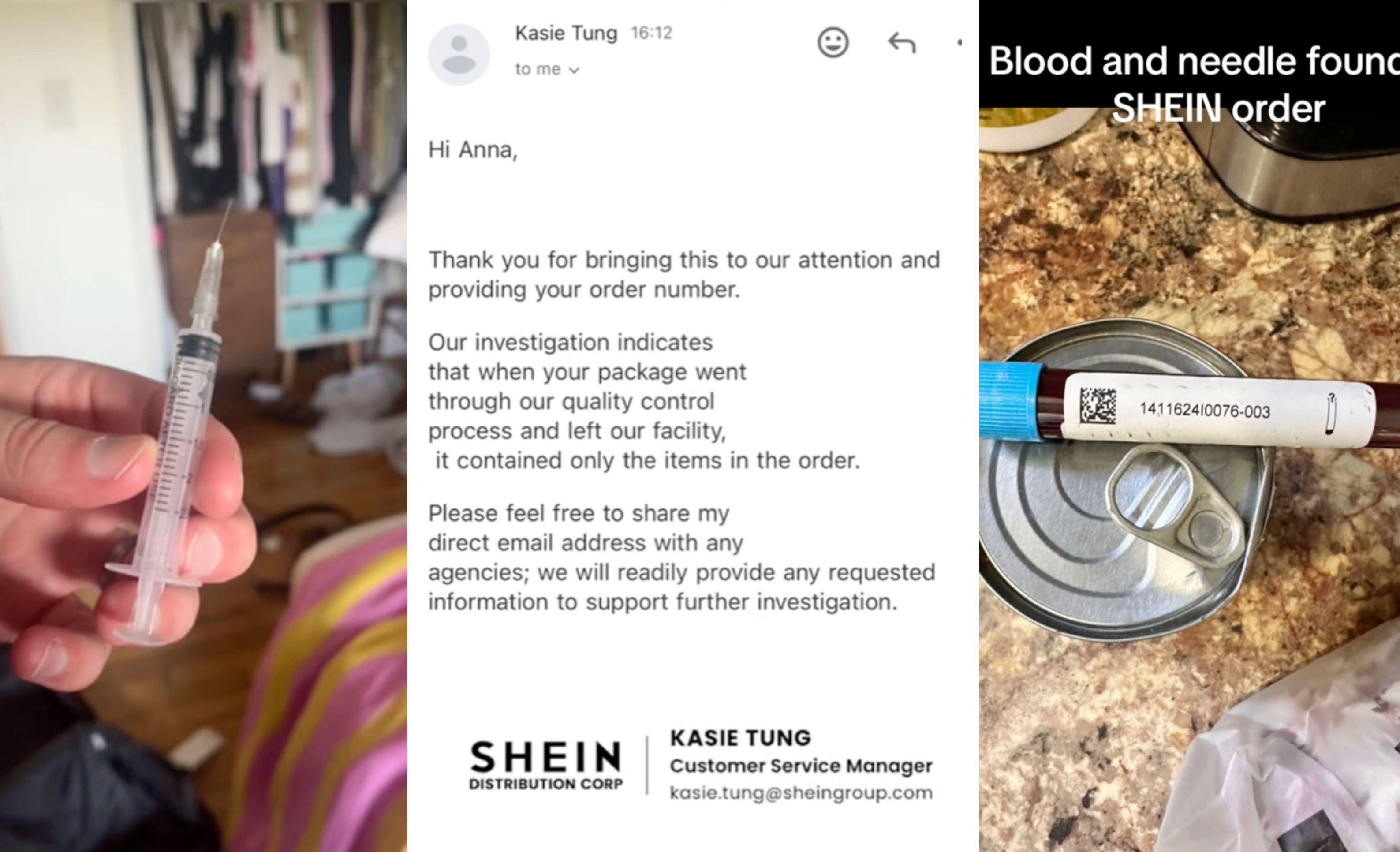 Three screenshots from a TikTok: A hand holding a needle, an email from Shein, and a vial of blood on a can.