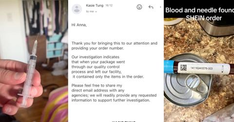 Three screenshots from a TikTok: A hand holding a needle, an email from Shein, and a vial of blood on a can.