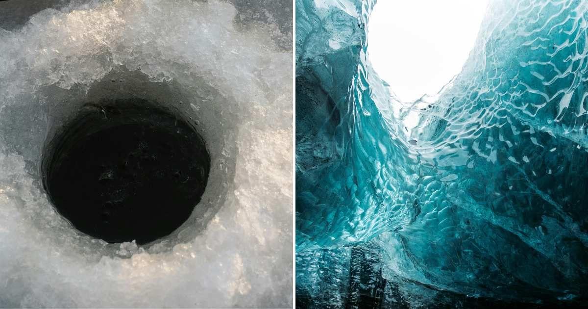 (L) A hole bored into the ice. (R) Blue-colored ice structures in a cave. (Representative Cover Image Source: Pexels | (L) Tima Miroshnichenko, (R) Tomas Malik)