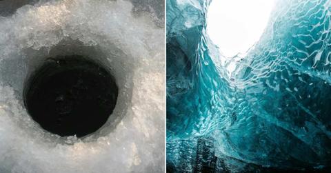 (L) A hole bored into the ice. (R) Blue-colored ice structures in a cave. (Representative Cover Image Source: Pexels | (L) Tima Miroshnichenko, (R) Tomas Malik)