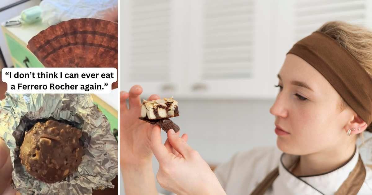 (L) Woman shows a half-opened Ferrero Rocher chocolate. (Cover Image Source: TikTok | @rocioytrillo) | (R) A woman unwrapping a milk chocolate. (Representative Cover Image Source: Freepik | freepik)