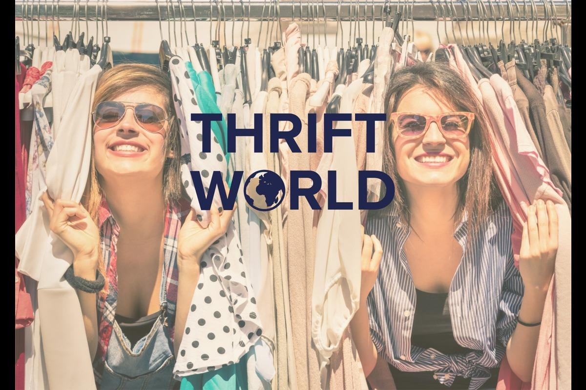 Thrift World Dallas logo and image with women in clothing racks