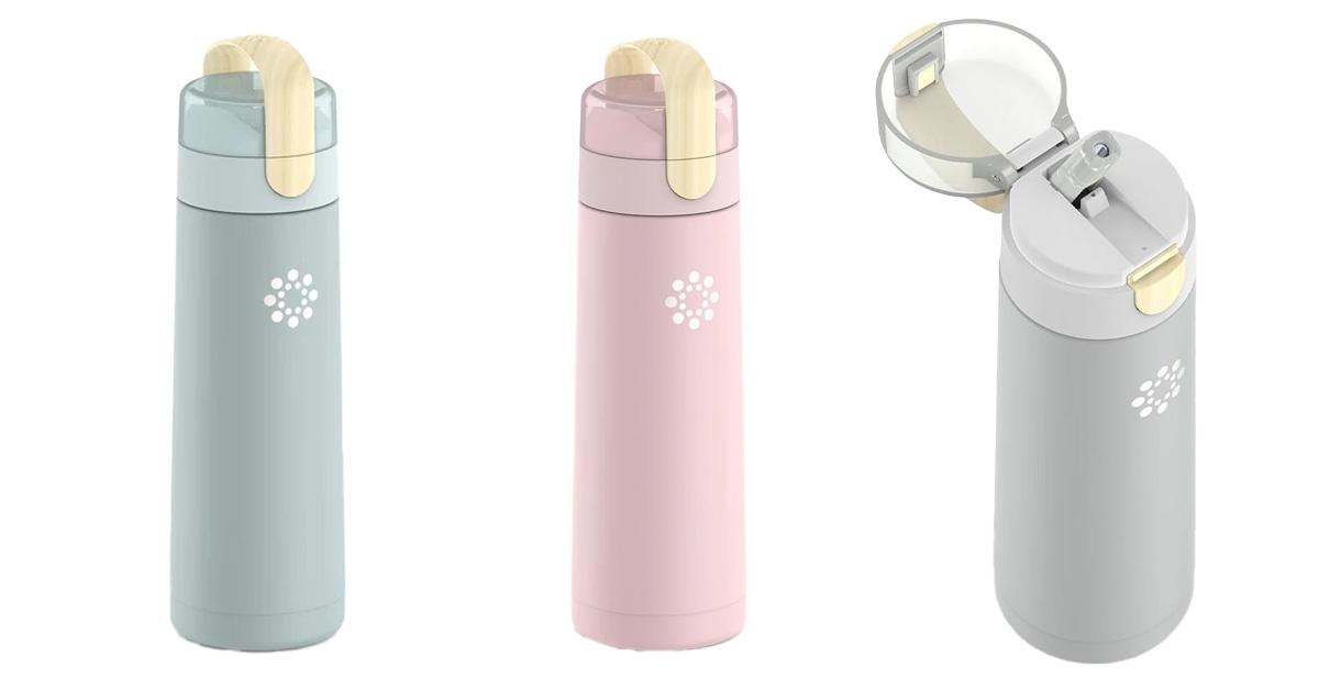 Three reusable water bottles in mint, pink, and grey