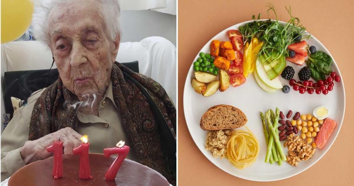 (L) Maria Branyas on her 117th birthday. (Cover Image Source: X | @MariaBranyas112), (R) A plate of healthy food items. (Representative Cover Image Source: Pexels | Vanessa Loring)