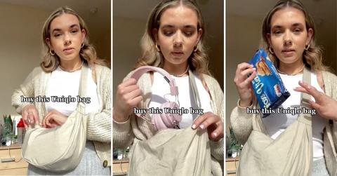 Screenshots from a TikTok video of a woman taking out all the items in her Uniqlo mary poppins shoulder bag.