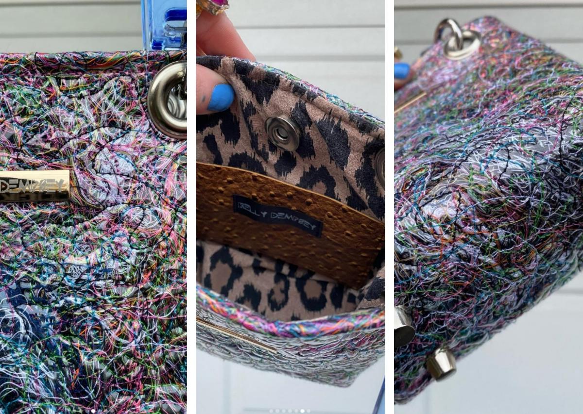 close-up of colorful recycled thread purse