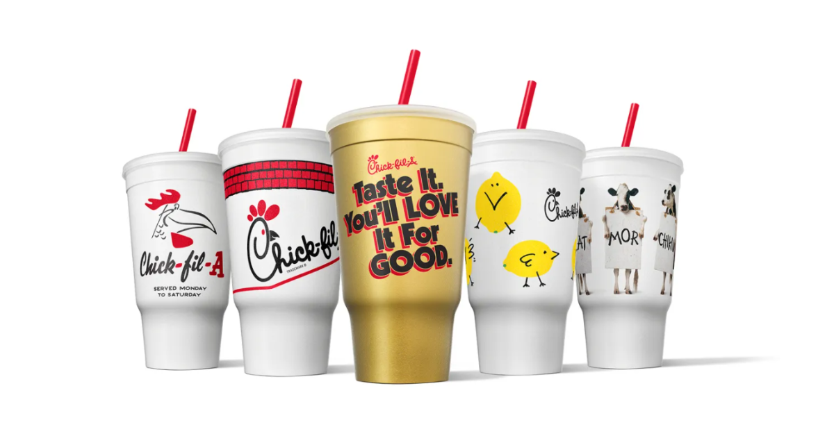 Chick-fil-A shows off the collection of cups it will be using, including a gold version