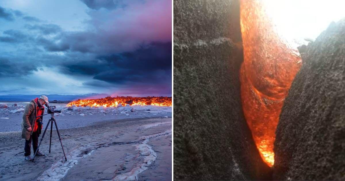(L) Man captures lava flow on camera (Representative Cover Image Source: Getty Images | Arctic Images) | (R) GoPro camera recorded footage of a volcano. (Cover Image Source: Facebook | @kilaueaecoguide)