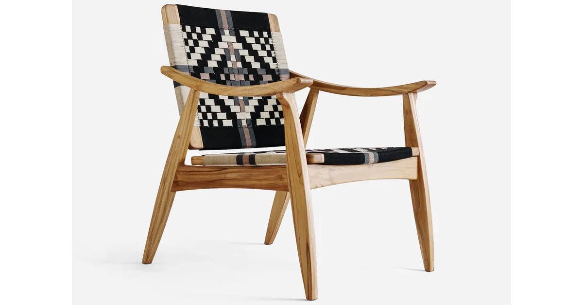 teak wood chair with Spanish-inspired handwoven back and seat