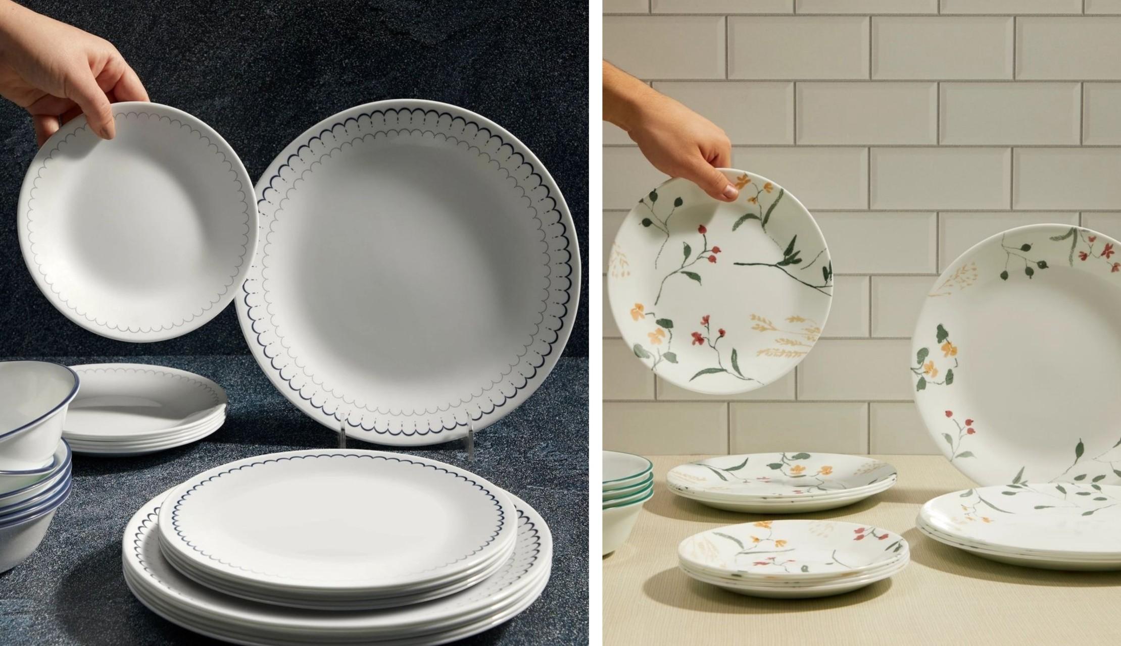 Two photos depict a person holding up Corelle brand dishes against kitchen backdrops.