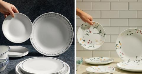 Two photos depict a person holding up Corelle brand dishes against kitchen backdrops.