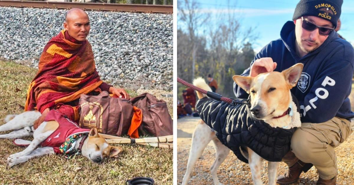 Aloka the dog poses with a monk and with a police officer