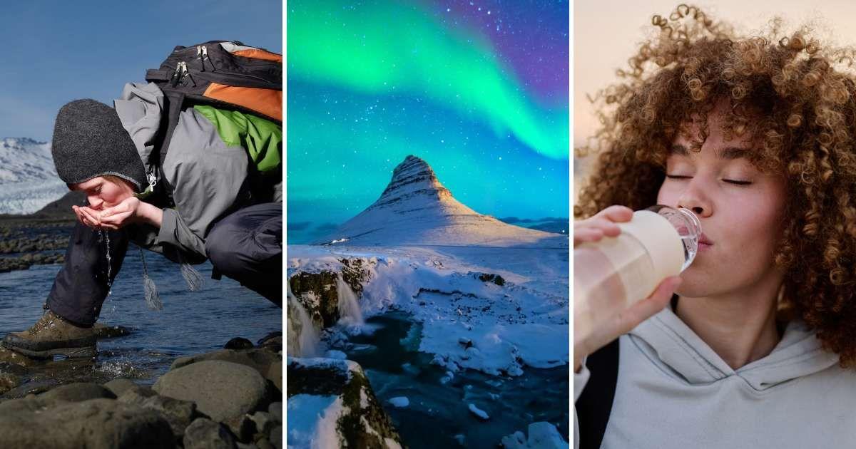 (L) Woman drinking water from a glacier, (C) Aurora in Iceland, (R) Woman drinking bottled water. (Representative Cover Image Source: Getty Images | (L) Arctic Images, (C) February, (R) RealPeopleGroup)