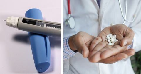 An injectable GLP-1 tube next to a doctor with white pills in their hand