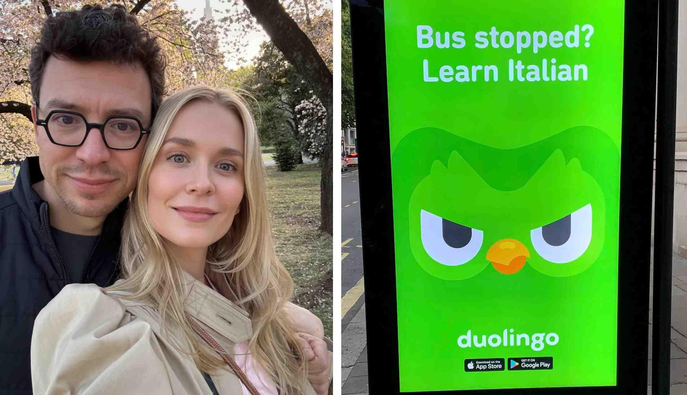 Duolingo CEO Luis von Ahn is pictured next to his partner, beside a Duolingo ad.
