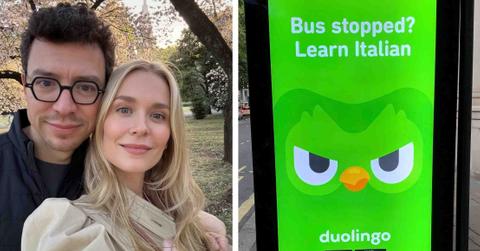 Duolingo CEO Luis von Ahn is pictured next to his partner, beside a Duolingo ad.