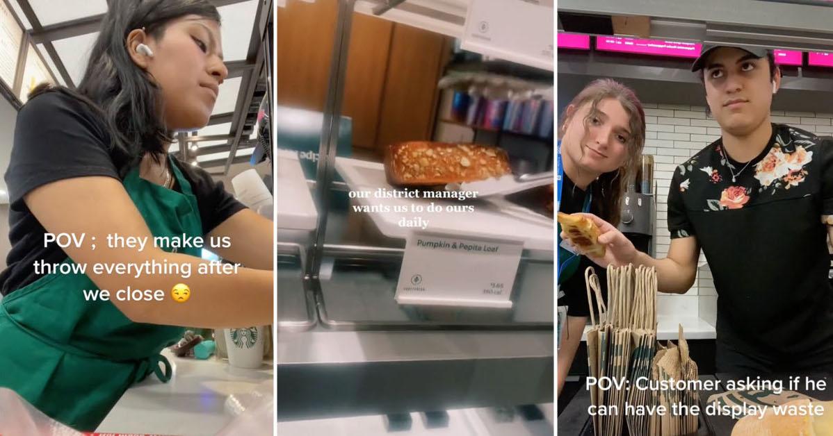 Three screenshots from TikTok videos showing Starbucks baristas either emptying or filling the display case