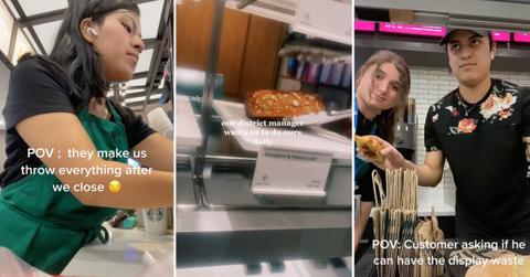 Three screenshots from TikTok videos showing Starbucks baristas either emptying or filling the display case
