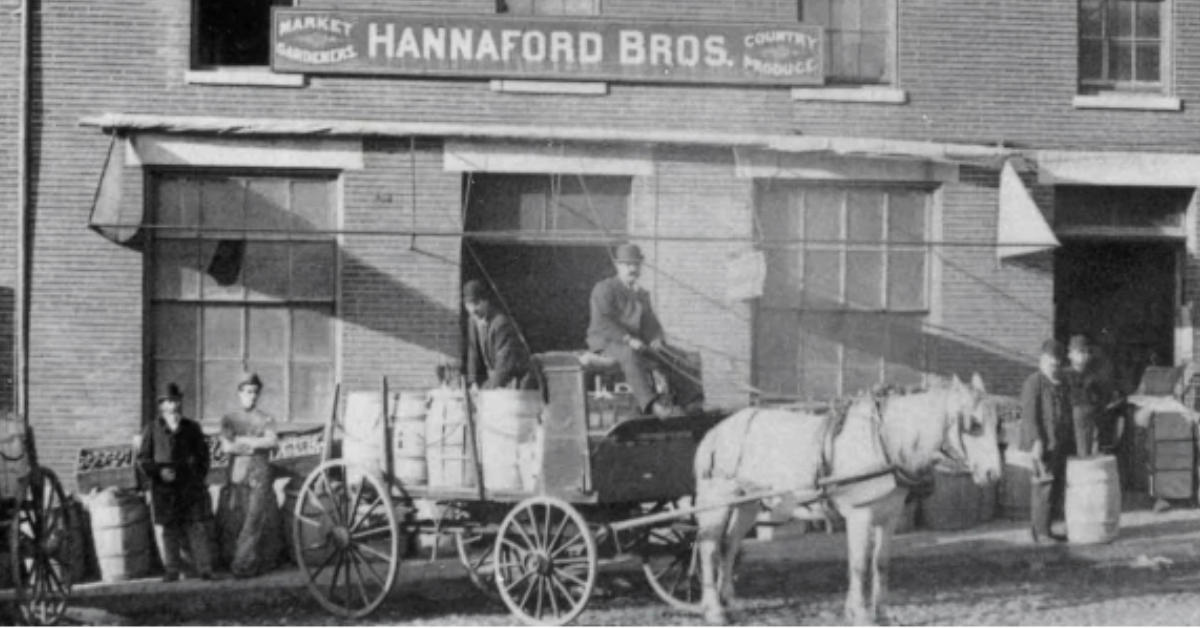 A black and white photo shows the early days of Hannaford