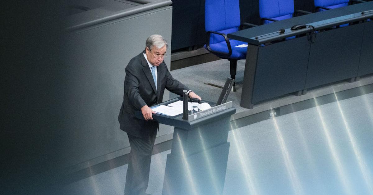 U.N. Secretary General, António Guterres makes a speech from a podium