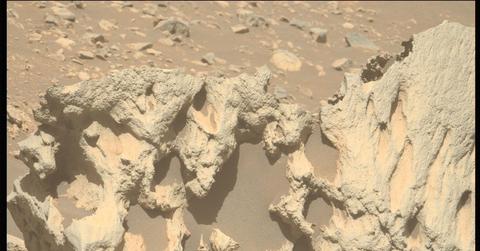 An unusually shaped rock is pictured on Mars.