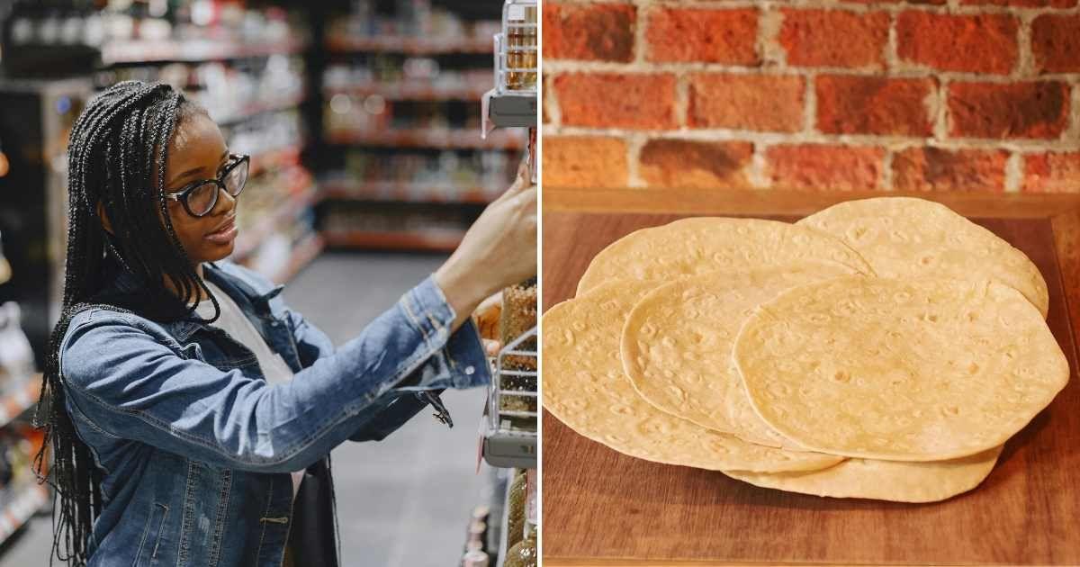 (L) A woman shopping in the aisle of a supermarket. (R) Tortilla flatbreads are placed on a table. (Representative Cover Image Source: (L) Pexels | Gustavo Fring, (R) Pixabay | Rafa Suarez Foto)