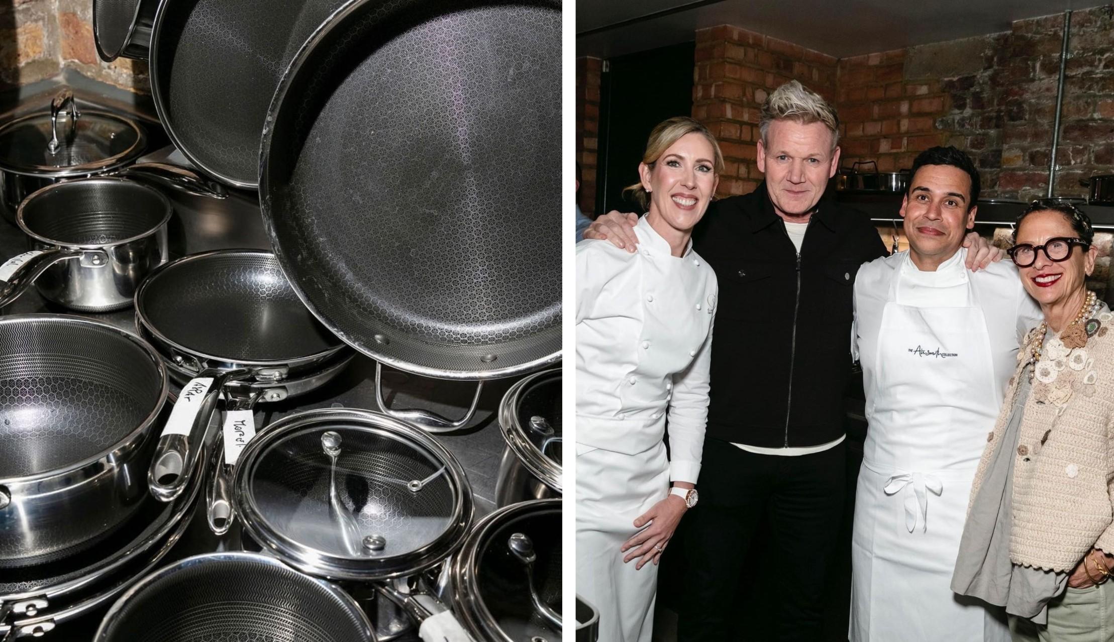 Chef Gordon Ramsay appears in a group photo beside a picture of HexClad cookware.