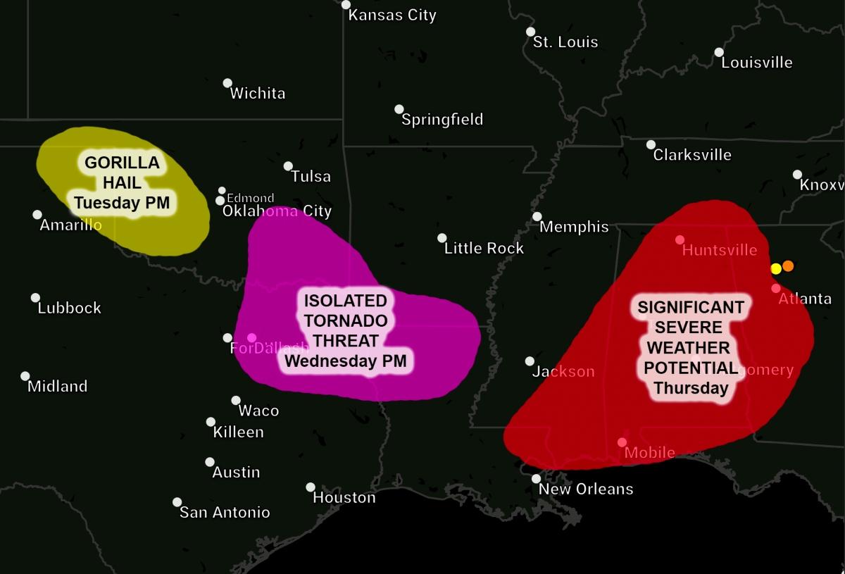 map of extreme weather including gorilla hail