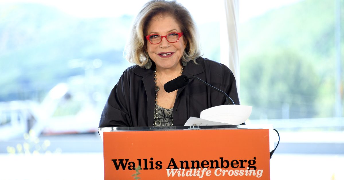 Wallis Annenberg, Chairman, President, and CEO Annenberg Foundation speaks at a podium at the Wallis Annenberg Wildlife Crossing Groundbreaking Celebration on April 22, 2022 in Agoura Hills, Calif.