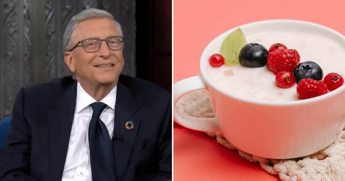 (L) Tech giant Bill Gates appears on the Late Show With Stephen Colbert in September 2024. (Cover Image Source: YouTube | @ColbertLateShow) (R) Yoghurt bowl with berries. (Representative Cover Image Source: Pexels | Any Lane)