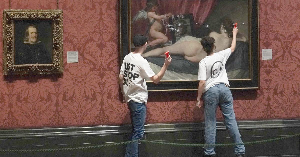 Two protesters with Just Stop Oil break the glass on the Rokeby Venus painting. 