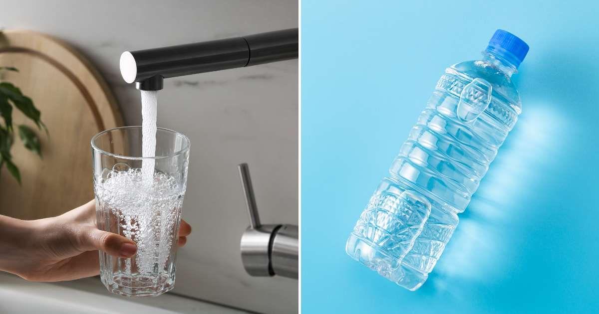 (L) Woman's hand filling water from the tap. (R) A bottle of packaged drinking water in a blue background. (Representative Cover Image Source: Getty Images | (L) Liudmila Chernetska, (R) Years)