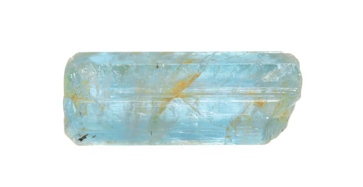 Light blue aquamarine crystal with yellow markings.