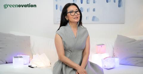 Photo of Solight Design CEO and founder Alice Chun sitting alongside her solar lanterns with the Green Matters Greenovation logo layered over it