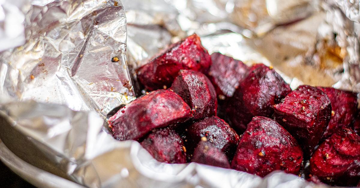 Cubed beets out of the oven sitting in tin foil