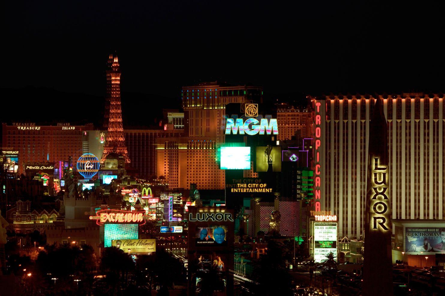 The hotel-casinos on the Las Vegas Strip in Nevada are illuminated at night.