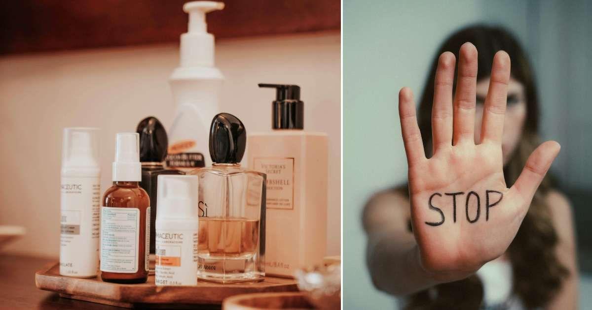 (L) Toiletries in a hotel bathroom. (R) Woman flashing a palm with the word Stop scribbled on it (Representative Cover Image Source: Pexels | (L) Keegan Checks, (R) Anh Nguyen)