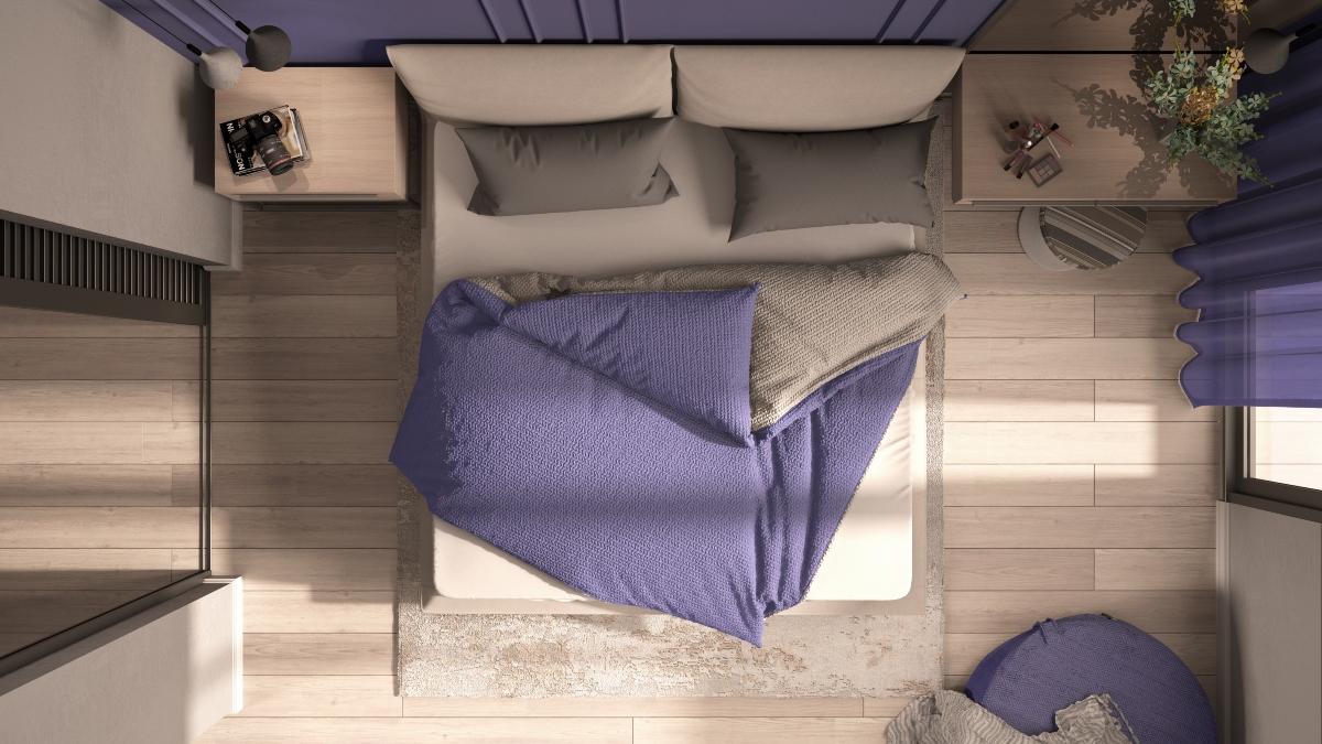 aerial view of bedroom with purple and gray decor