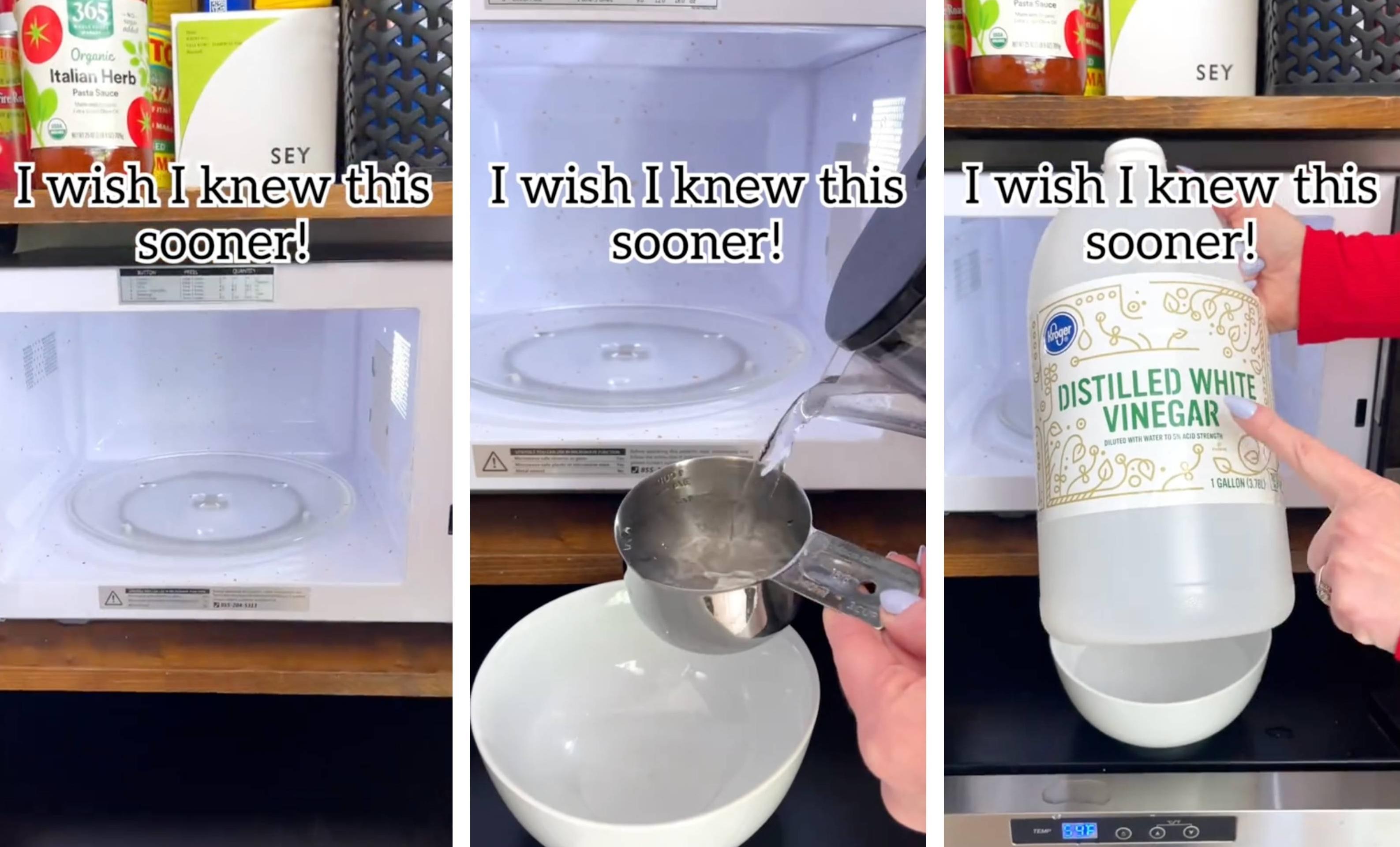 Screenshots from TikTok user jeffandlaurenshow depict a bowl of water and vinegar cleaning a microwave.