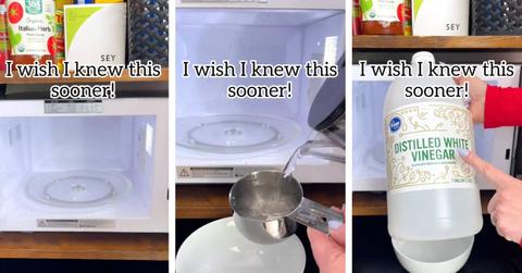 Screenshots from TikTok user jeffandlaurenshow depict a bowl of water and vinegar cleaning a microwave.