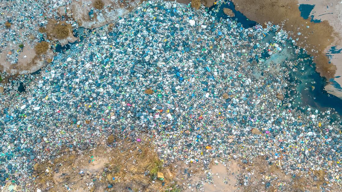 An aerial view of a plastic garbage dump.