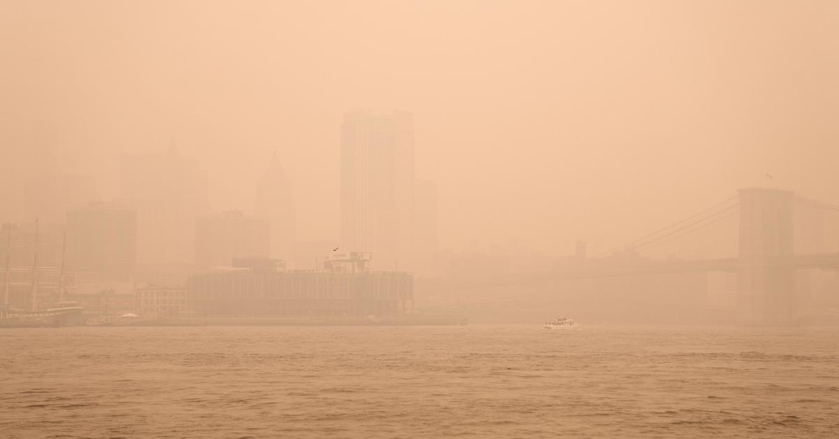 The skyline of Lower Manhattan and the Brooklyn Bridge were barely visible due to smoke from the wildfires.