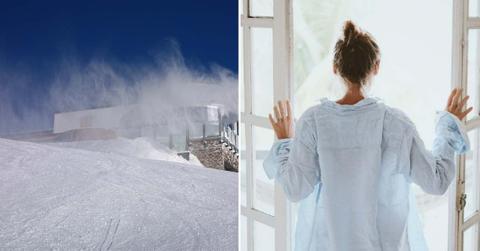 (L) A house caught in the middle of a raging blizzard. (R) A woman trying to close the door during a blizzard. (Representative Cover Image Source: Pixabay | (L) Hans, (R) Pexels)