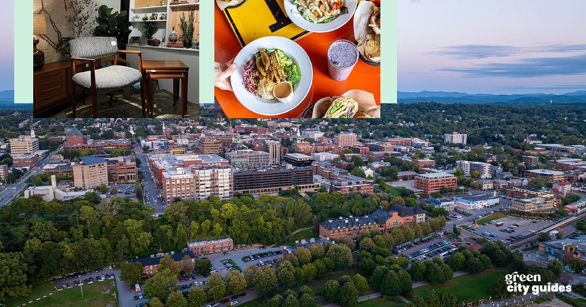 Background aerial photo of Burlington, Vt., along with an image from the Barge Canal Market Instagram page, an image from the Pingala Café Instagram page, and Green Matters's "Green City Guides" logo 