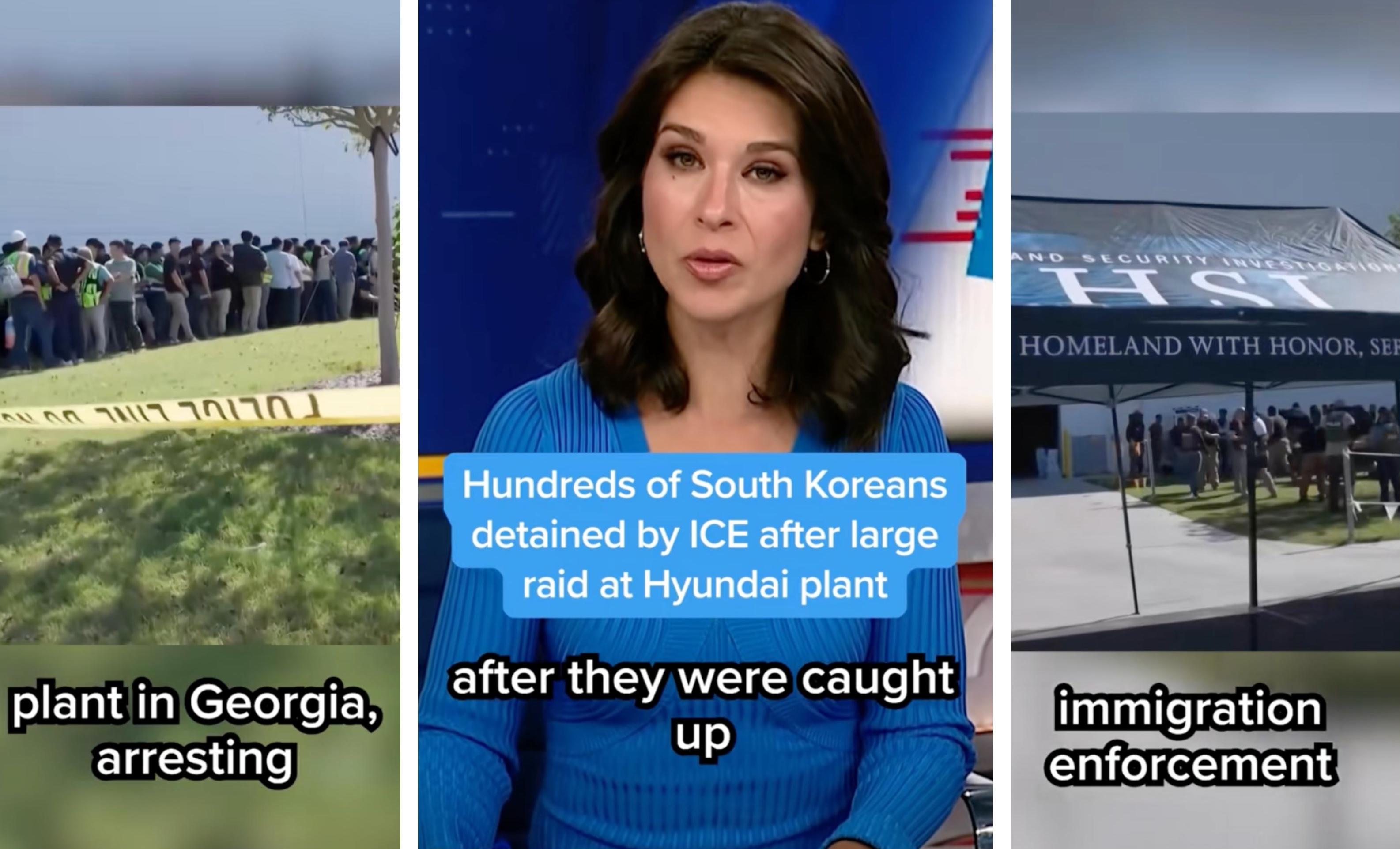 Three screenshots depict a report about South Koreans detained by ICE agents.