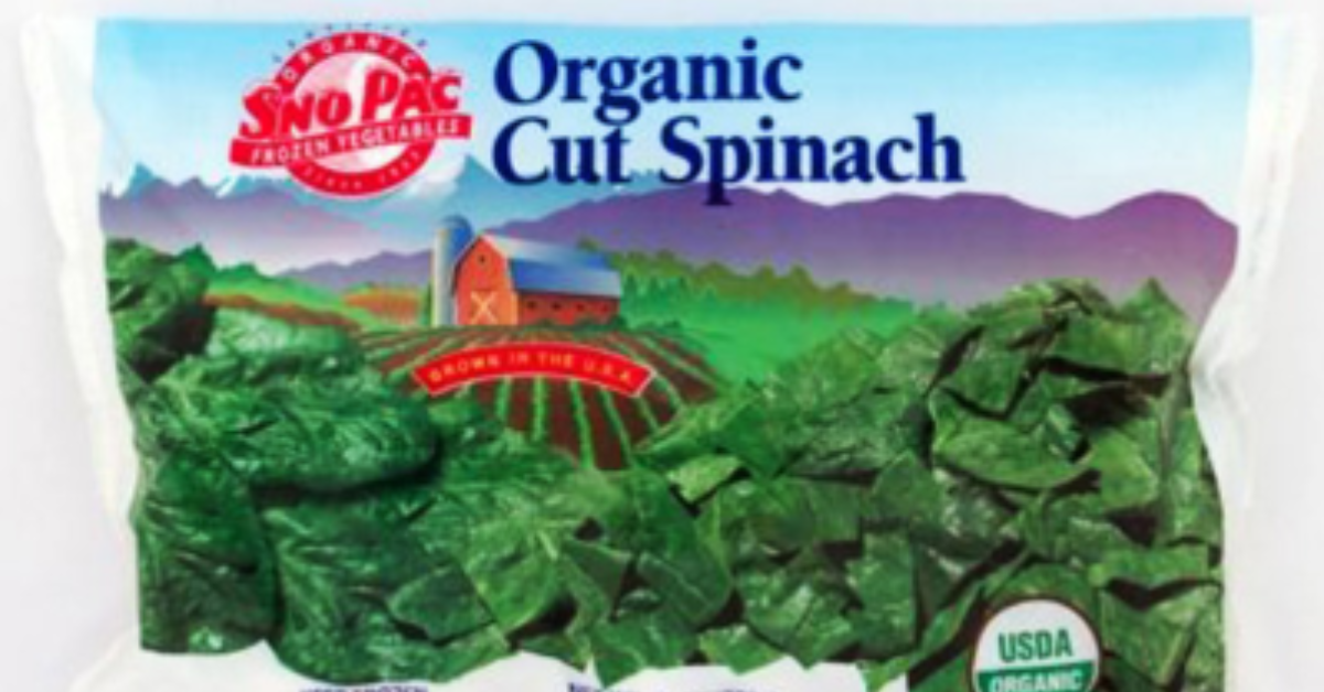 A closeup of the Sno Pac organic spinich
