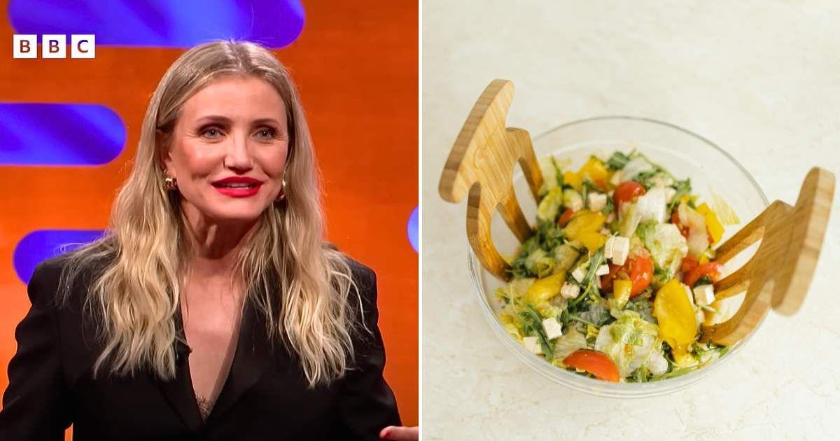 (L) Cameron Diaz in an interview with Graham Norton for BBC (Cover Image Source: YouTube | @OfficialGrahamNorton) | (R) A bowl of fresh summer salad. (Representative Cover Image Source: Pexels | Maksim Goncharenok)
