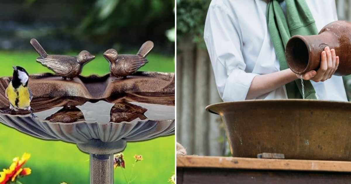 (L) My Garden Outdoor Living Store's bronze bird bath (Cover Image Source: Amazon) | (R) A person filling up a bronze bird bath. (Representative Cover Image Source: Getty Images | Olga Skripnik)